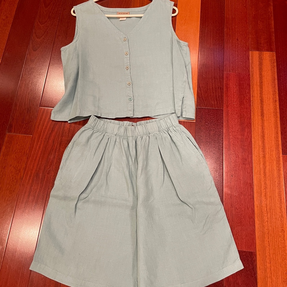 Eileen Fisher Vintage Light Teal Linen Button Vest & Shorts outfit or separates.